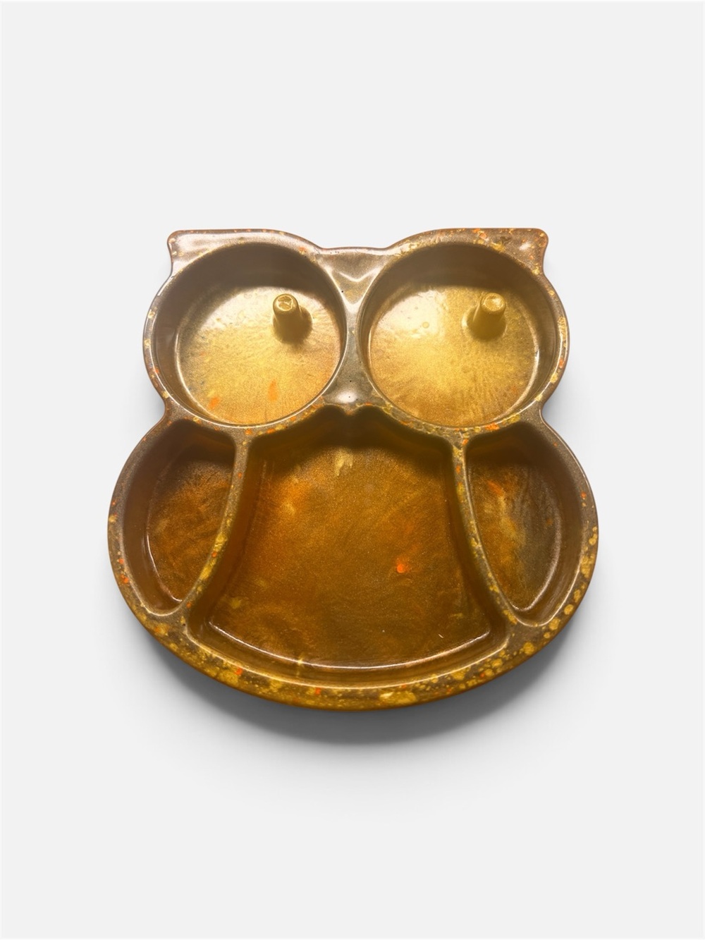 Handcrafted Resin Owl Shaped Divided Jewelry Tray in Metallic Brown & warm gold